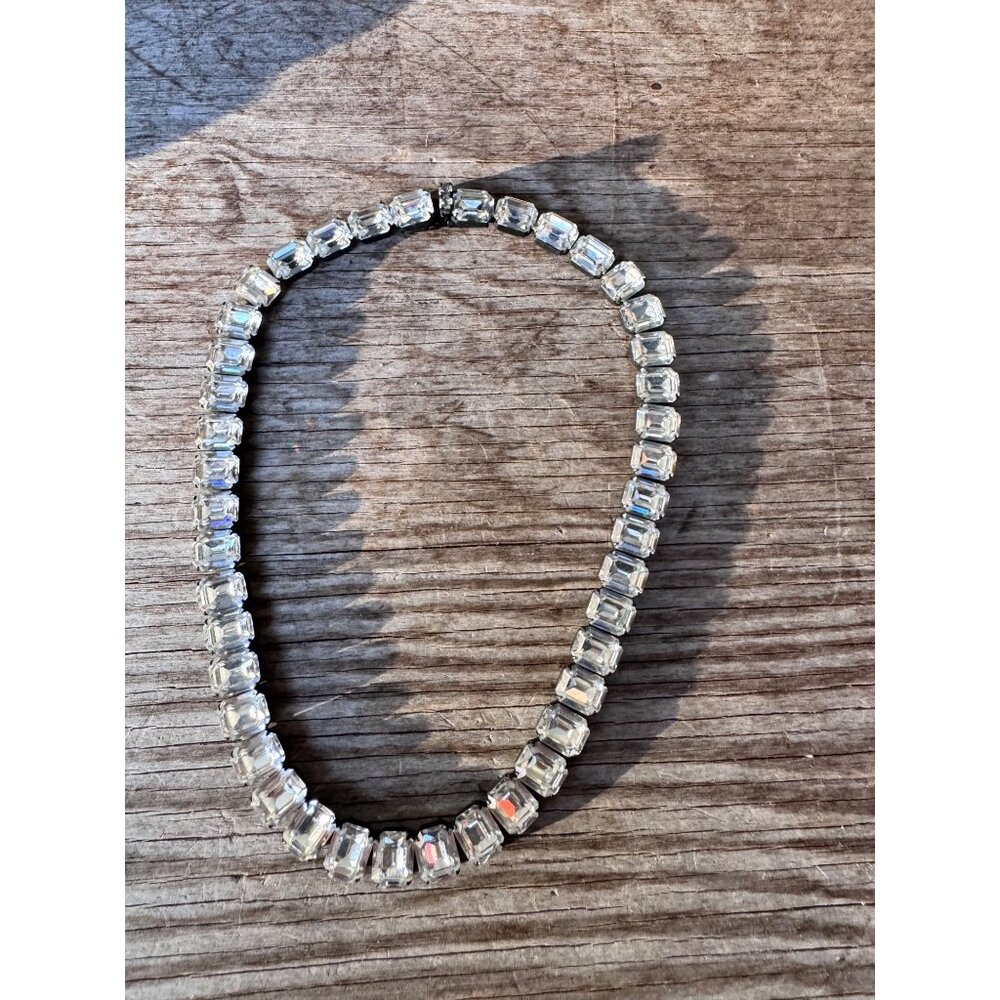 WEISS Signed Clear Emerald Cut Rhinestone Choker Necklace 15" Silver tone
